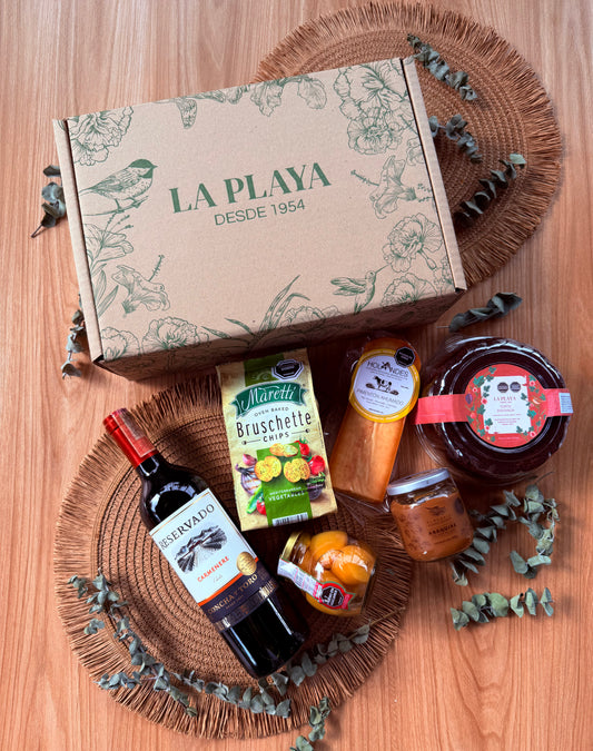 Cesta regalo caja botánica - Vino y queso